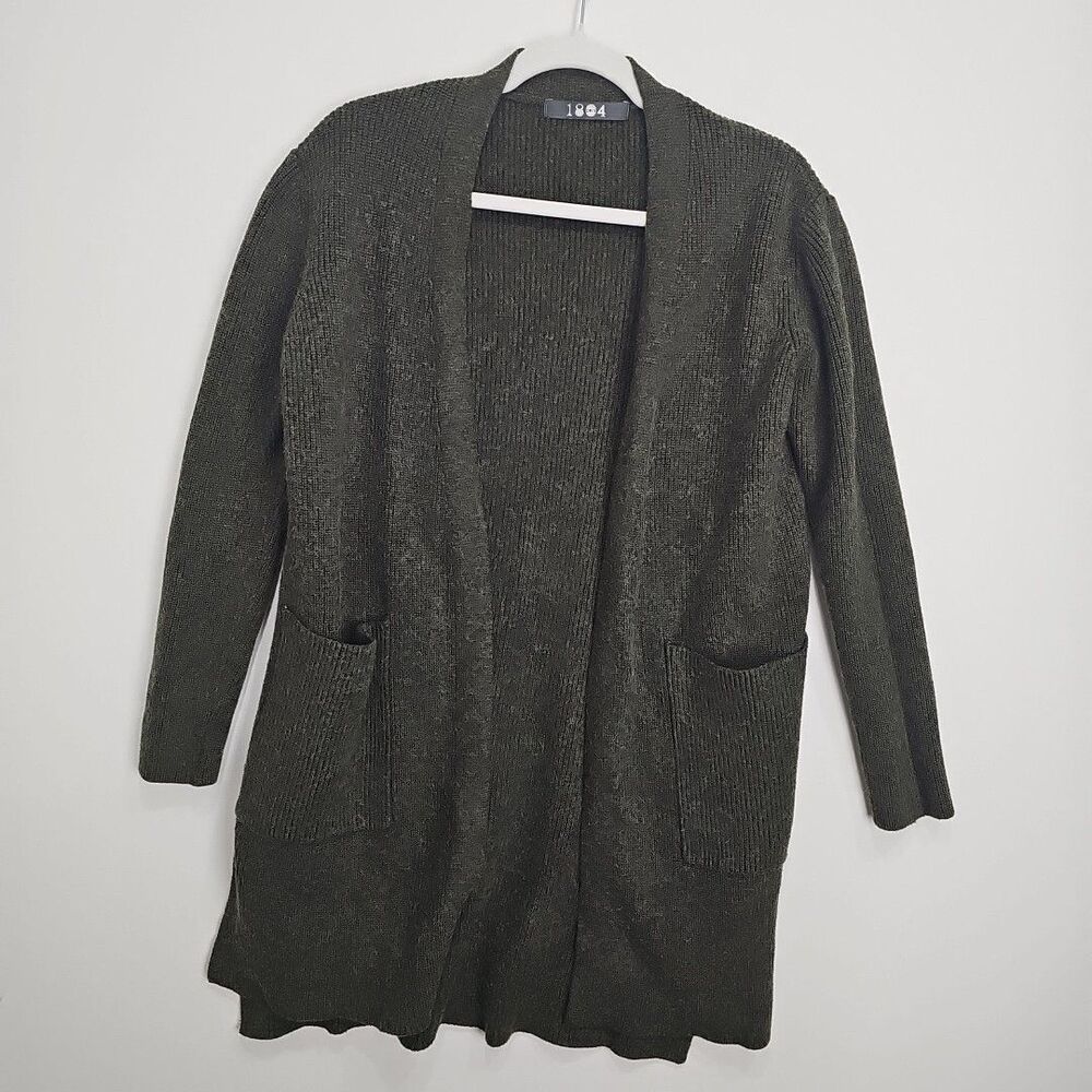 Chunky Long Knit Cardigan Sweater Womens Size L Green Open Front Pockets Stretch